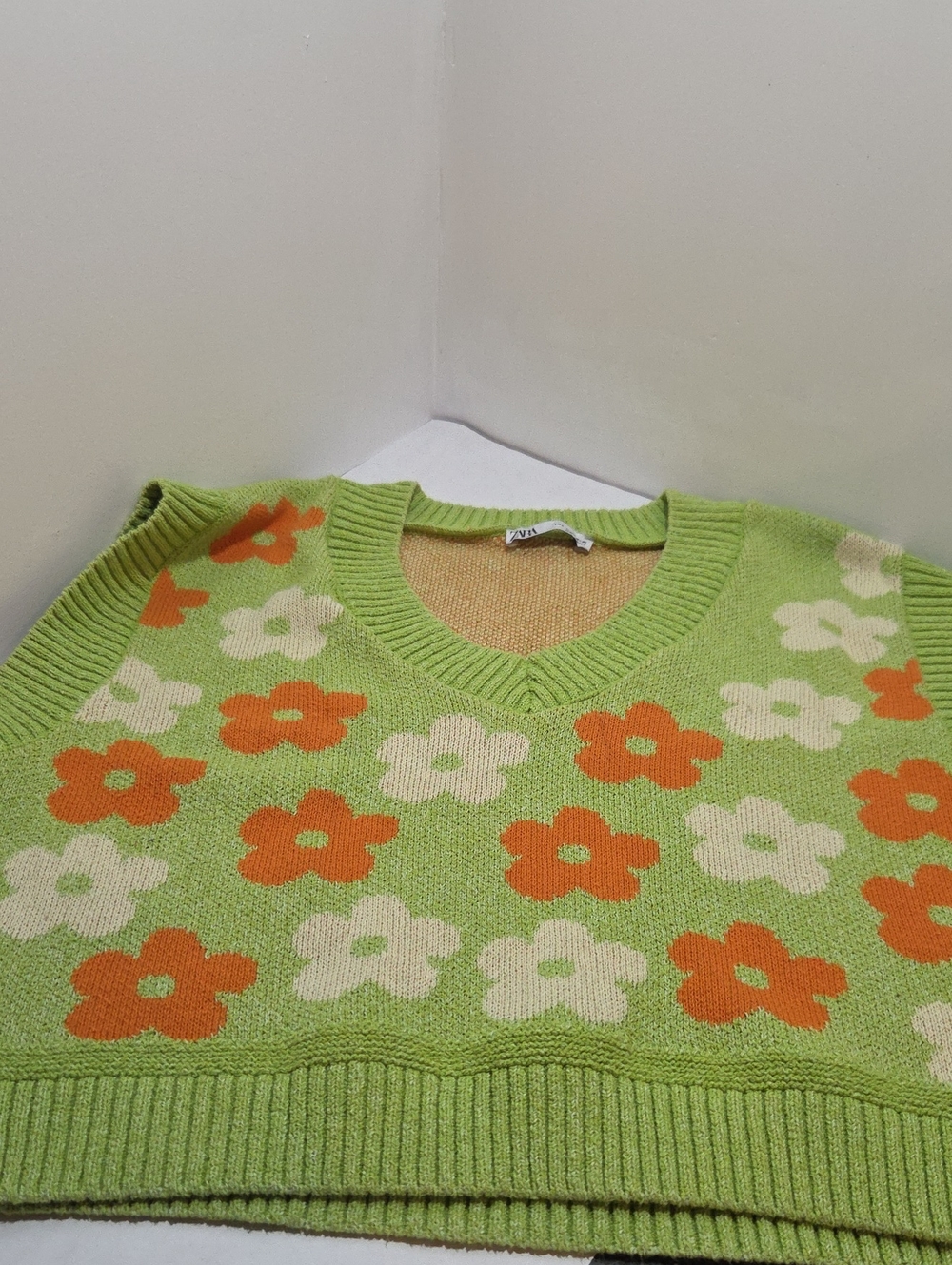 Zara Lime Green Oversized Floral Knit Sweater Vest